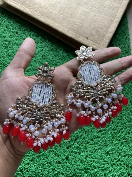 Kundan Red Earrings with Moti Jaal