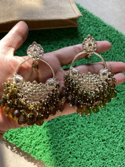Kundan Earrings With Olive Green Beads