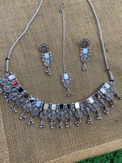 Oxidised Choker Set With Square Swastik Mirrors