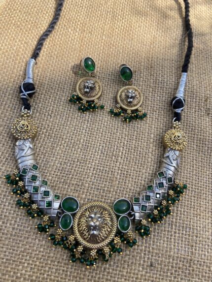Silver Replica Dual Tone Choker Set - Green