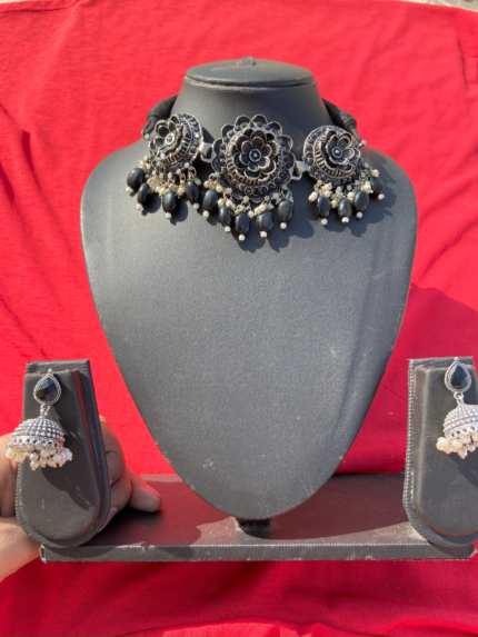 Oxidised Rose Flower Choker - Black