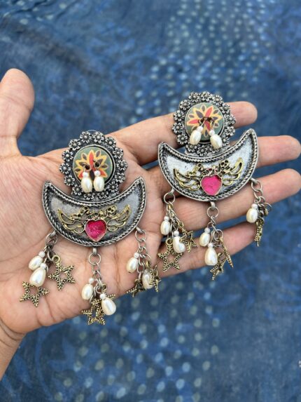 Dual Tone Earrings with heart and Stars hanging