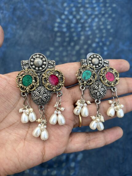 Dual Tone Earrings with Pearl Hanging