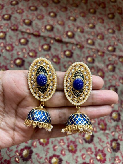 Meenakari Jhumki with Stone- Navy Blue