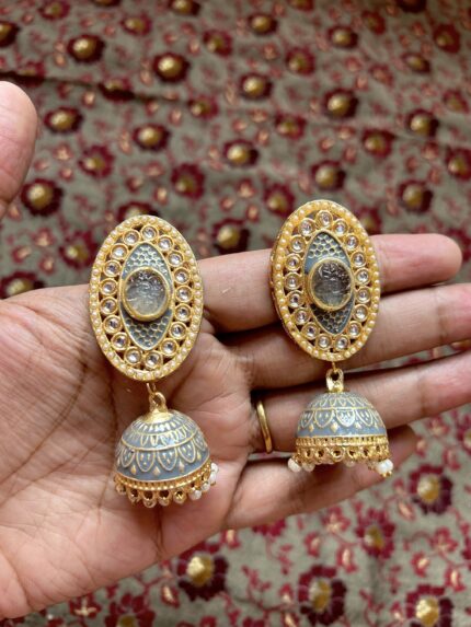 Meenakari Jhumki with Stone- Gray