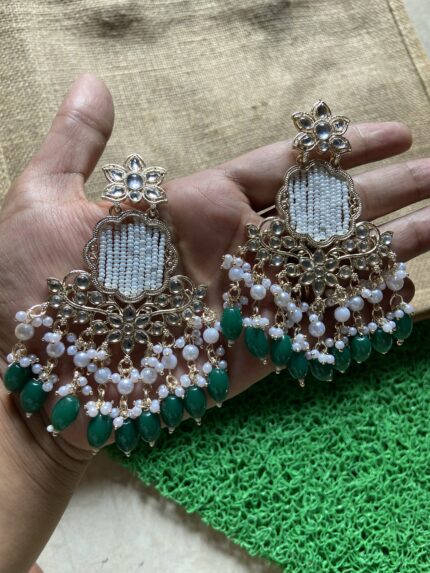 Kundan Green Earrings With Moti Jaal