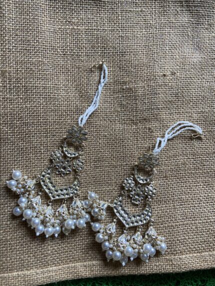 Beautiful Long Earrings With pearls and Ear Chain - White