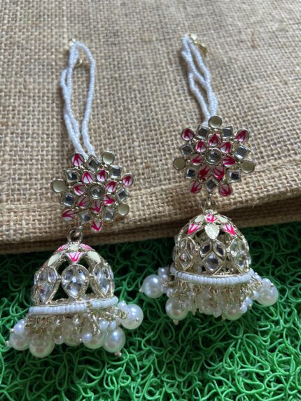 Menakari Jhumki With Ear Chain - White