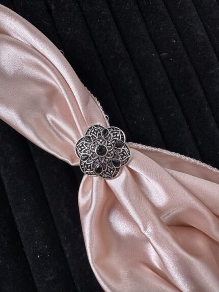 Oxidise Black Stone Flower Ring