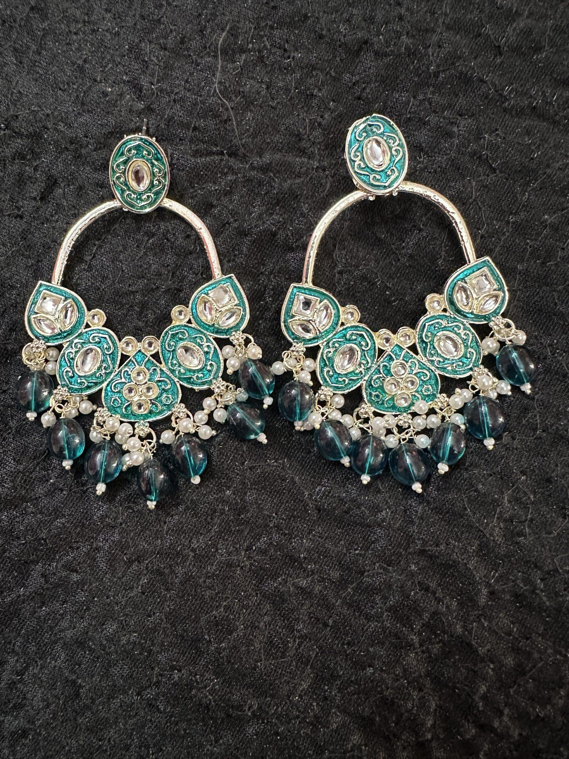 Vivarta- The Blue Sky- Stones, Glass Drops and Glass Beads Embroidered  Earrings (Arctic n Teal Blue & Blush Pink)