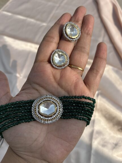 Crystal Choker With Polki- Dark Green