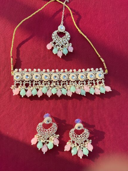Kundan Set with Mangtika - Mint Green & Pink