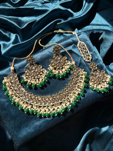 Kundan Necklace Set With Earrings and Mangtika - Green