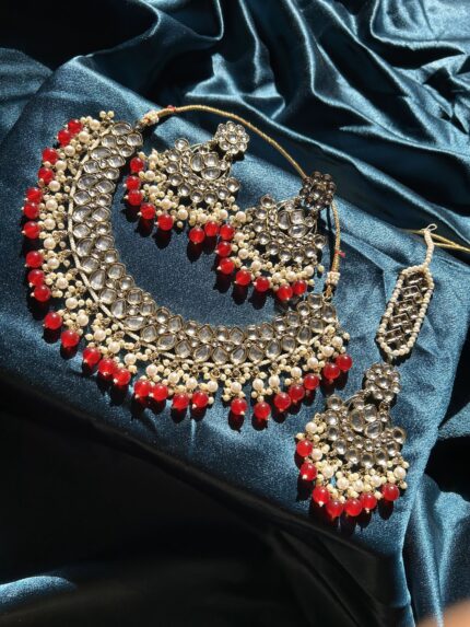 Kundan Necklace Set With Earrings and Mangtika- Red