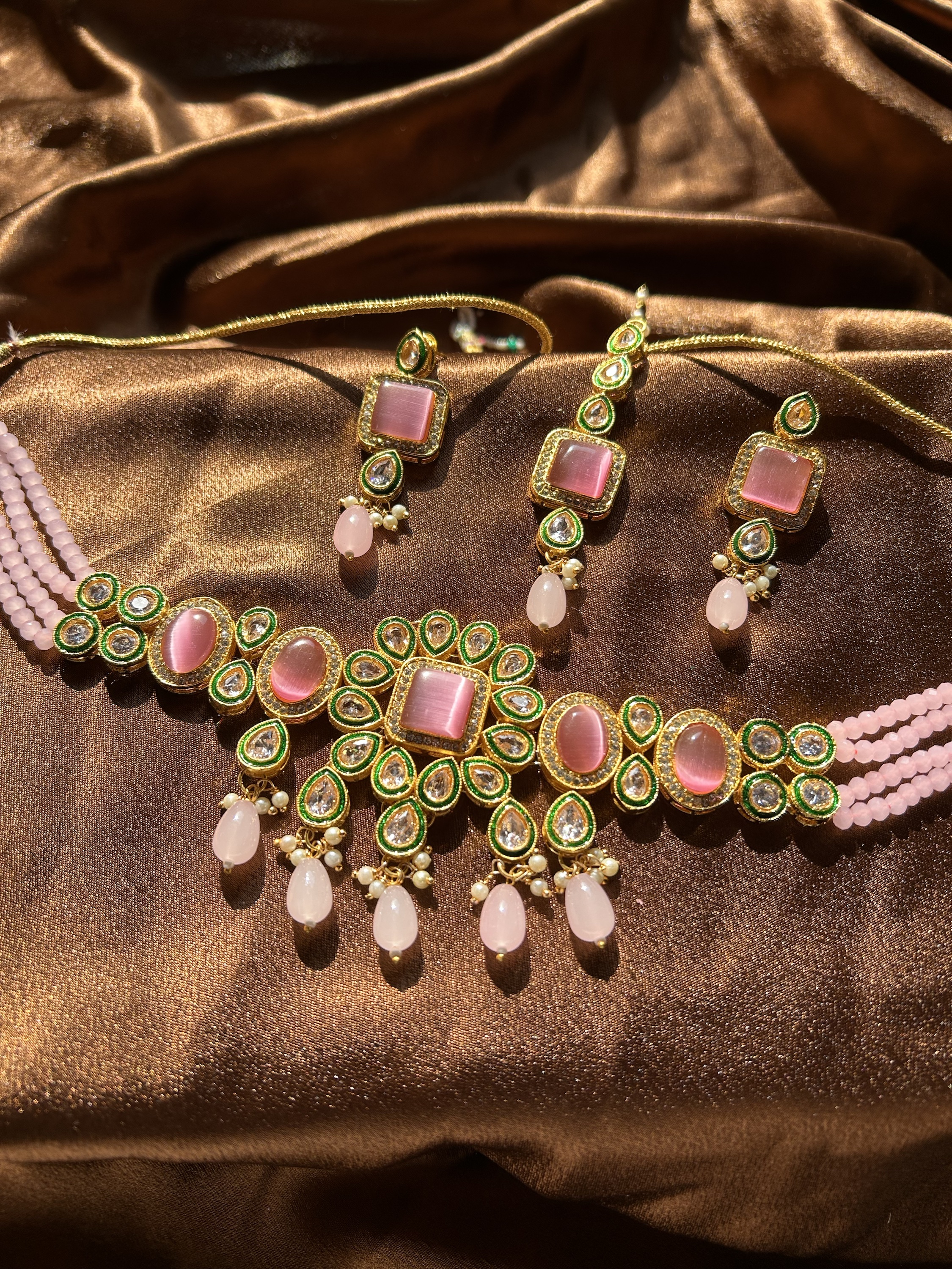 Kundan Neckset With Mangtika -Pink