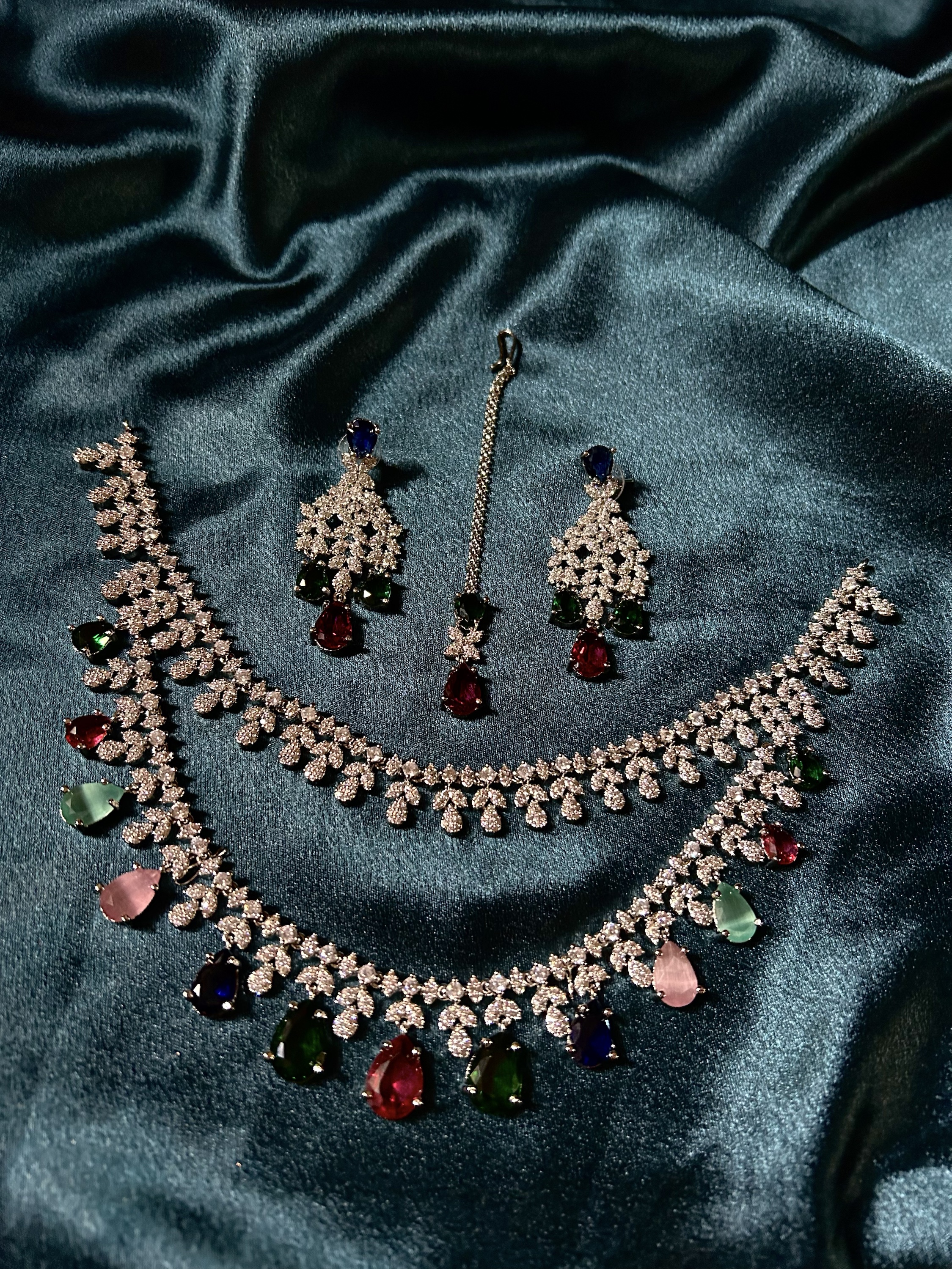 Tara AD Necklace Set With Mangtika - Multi