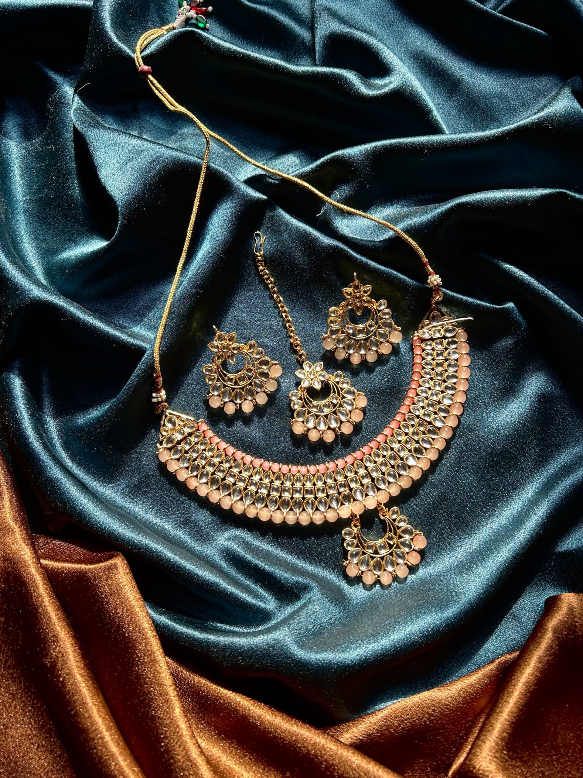 Kundan Choker Set With Mangtika - Peach