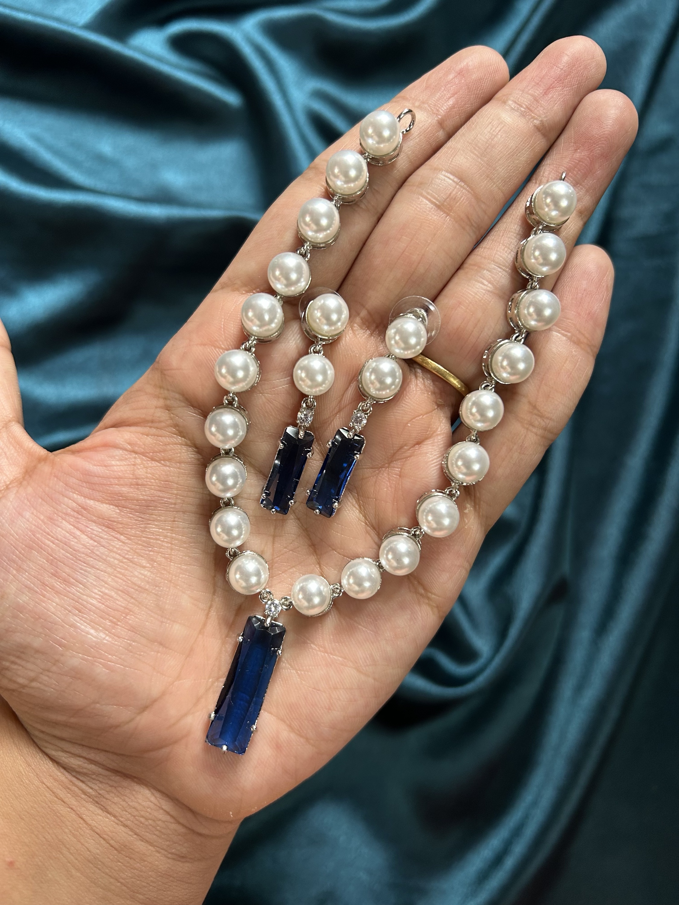 Kashni Pearl AD Necklace Set - Blue