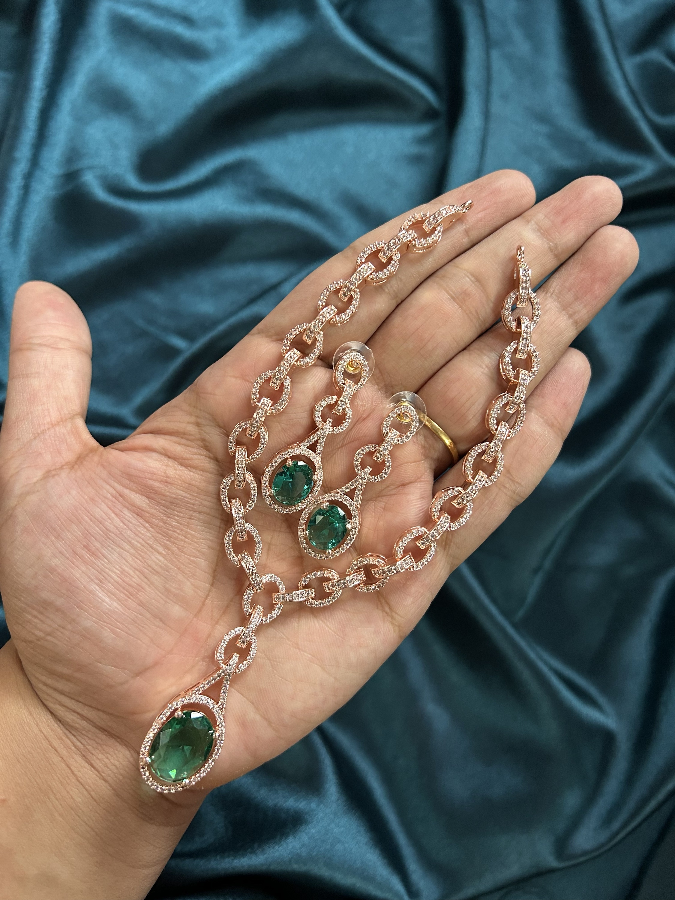 AD Necklace Set - Rose Gold Green
