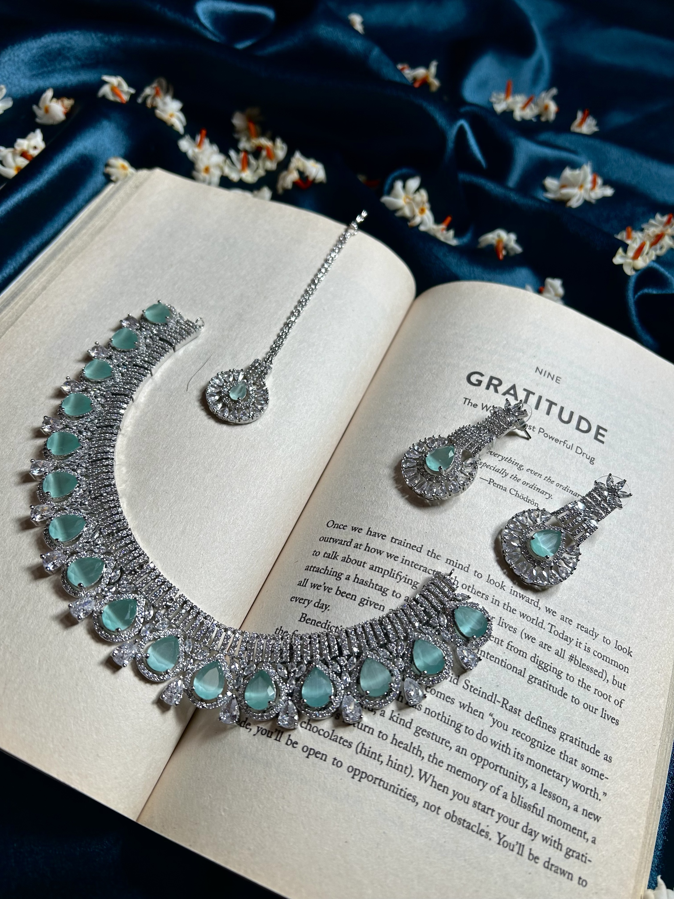AD Necklace Set With Mangtika - Mint