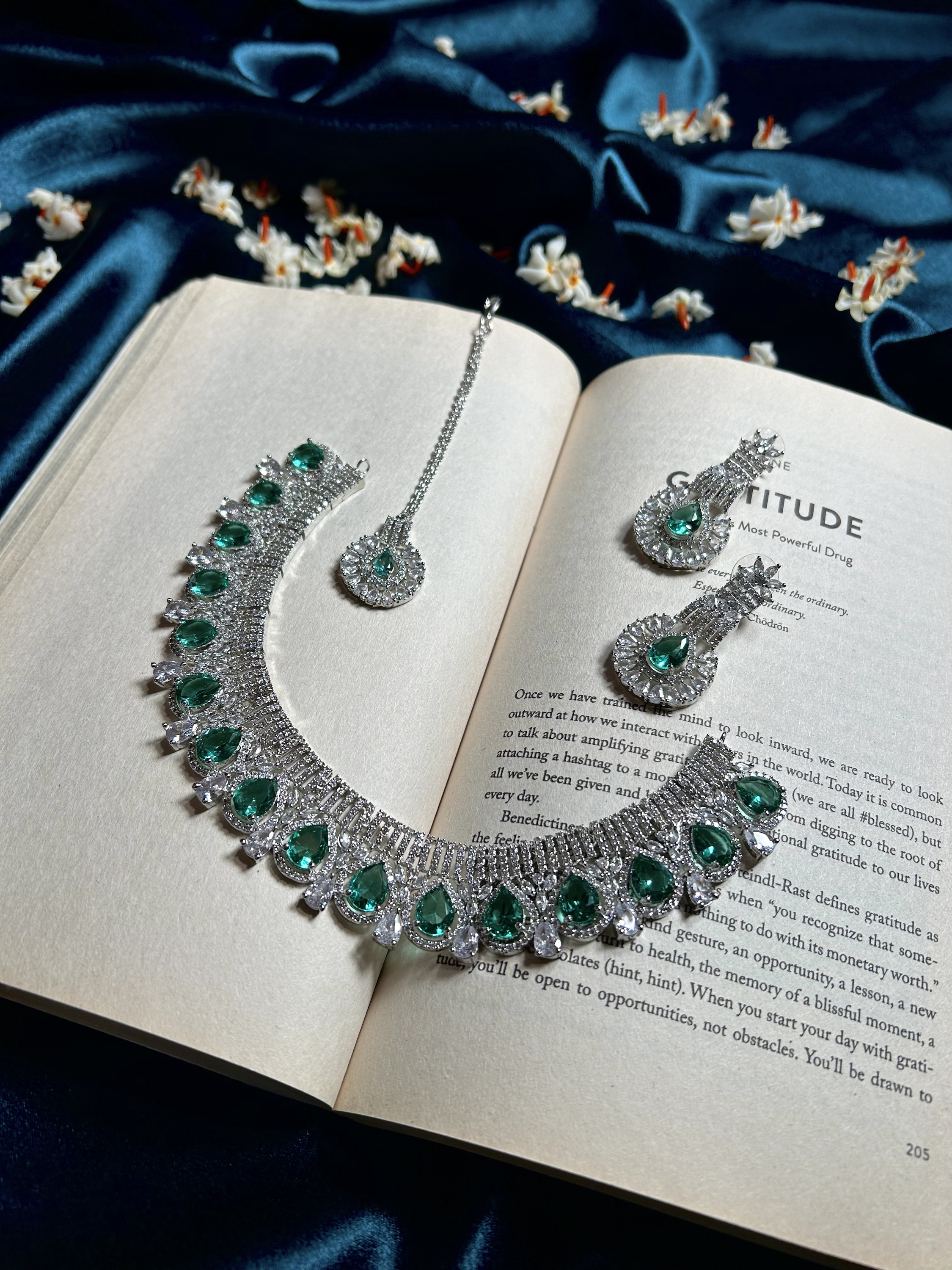 AD Necklace Set with Mangtika - Sea Green