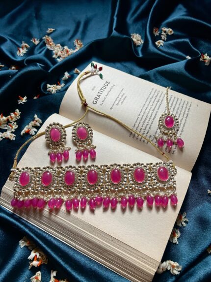 Kundan Pink Necklace Set with Mangtika