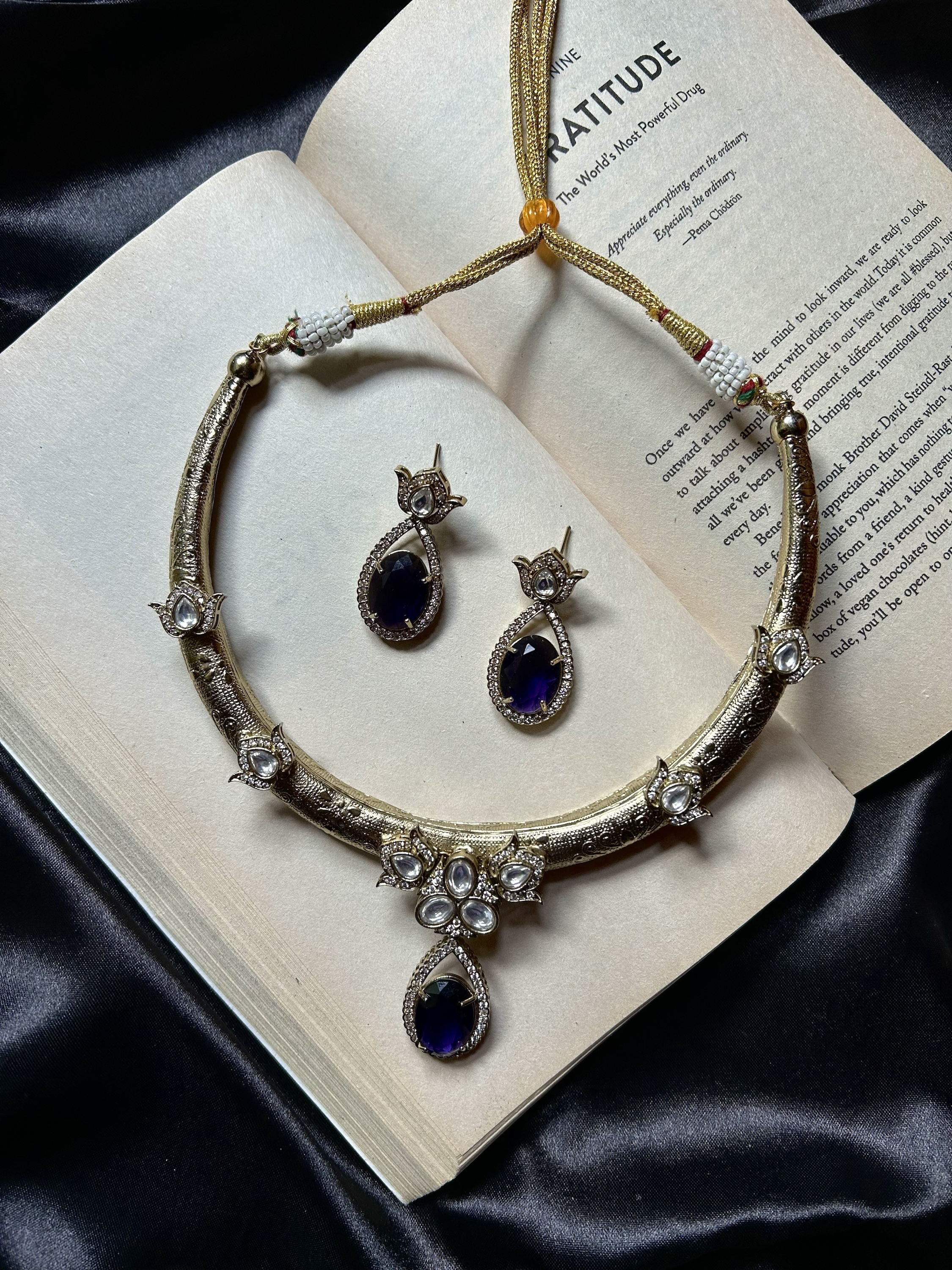 Brass Hasli Necklace Set With Earrings - Purple