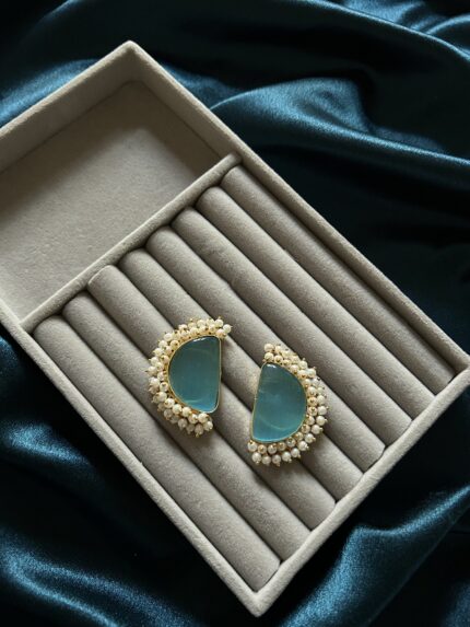Brass Semi Gajra Stud Earrings - Sky Blue