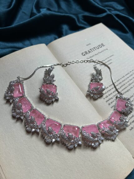AD Silver Necklace Set - Pink