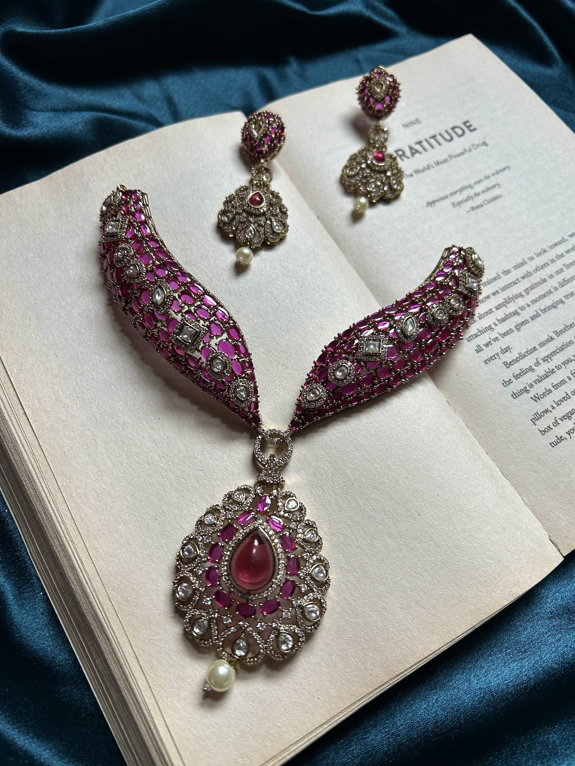 AD Necklace Set With Mossinite Stones - Hot Pink