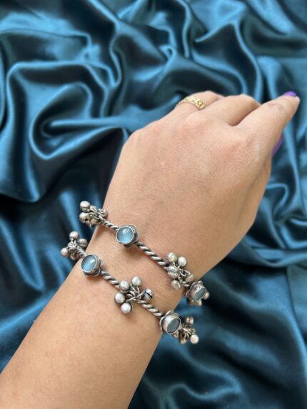 Silver Ghungroo Bangles Set of 2 - Sky Blue