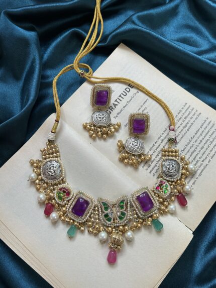 Kashmiri Butterfly Necklace Set With Earrings - Purple