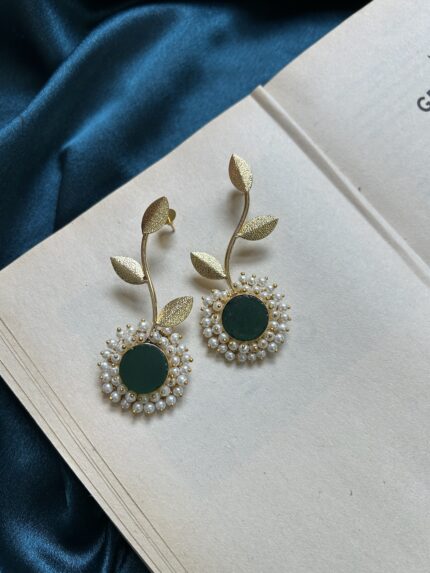 Brass Natural Stone Earrings  - Green