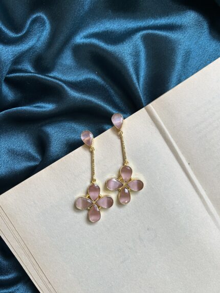 Brass Flower Natural Stone Earrings - Pink