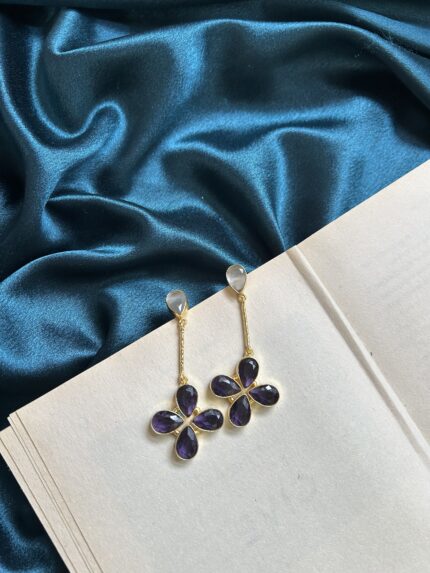 Brass Flower Natural Stone Earrings - Purple
