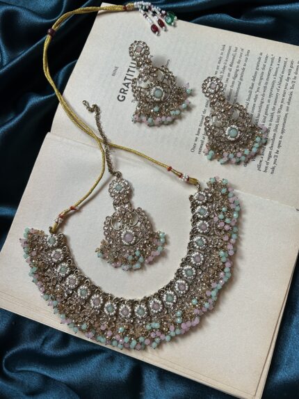 Beautiful Necklace Set With Mangtika - Mint Pink