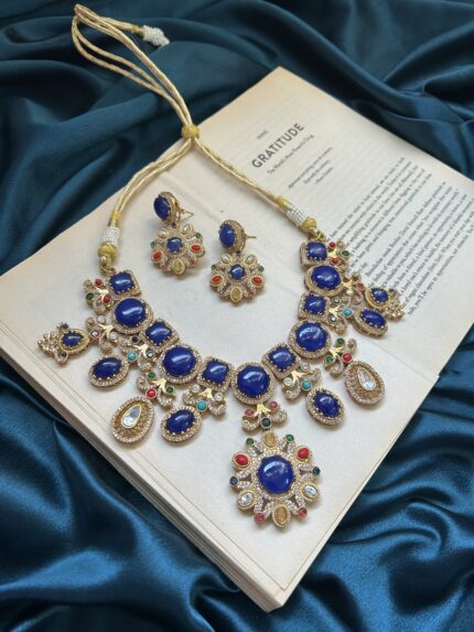 Doublet Necklace Set With Ad Stones - Dark Blue