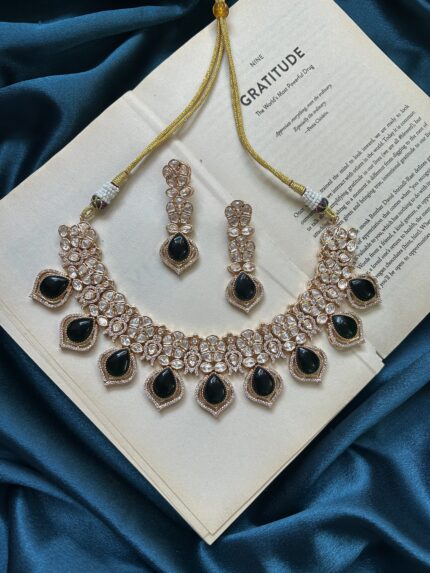 AD Polki Necklace Set With Earrings - Dark Green