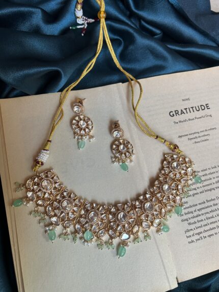 AD Polki Necklace Set - Mint