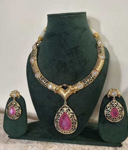 Brass Necklace Sets With Earrings - Baby Pink