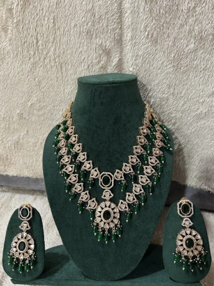 AD Polki Double Line Necklace Set With Earrings - Green