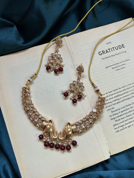 Kundan Elephant Necklace Set With Earrings - Maroon