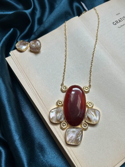 Long Necklace Druzy Set With Studs - Ruby