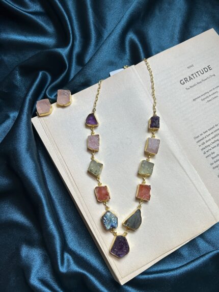 Brass Druzy Stone Multi Necklace Set With Studs