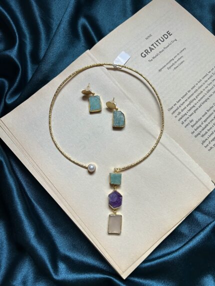 Brass Druzy Stone Hasli With Earrings