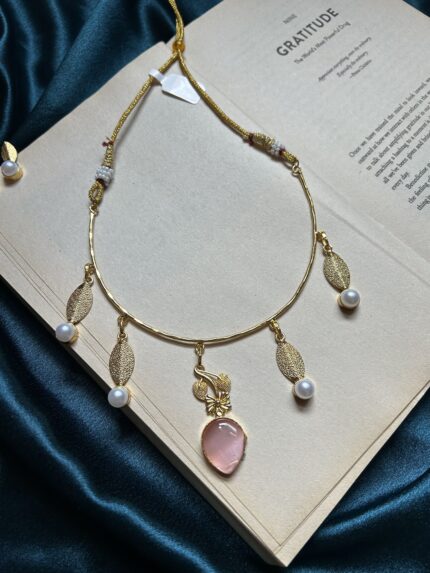 Brass Pink Necklace Set With Earrings