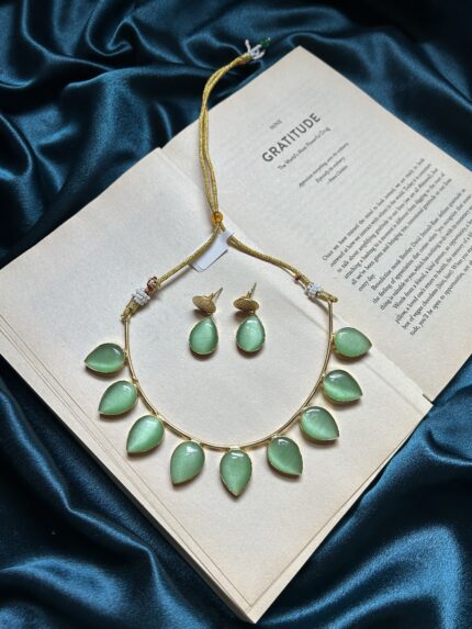 Brass Parrot Green Stone Necklace Set With Earrings