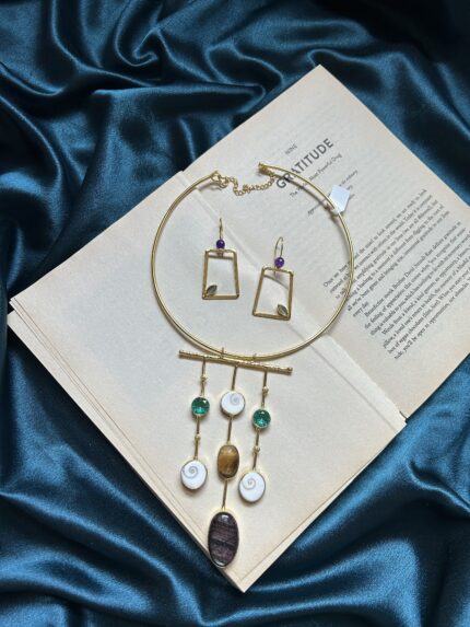 Brass Natural Stone Hasli Necklace Set With Earrings