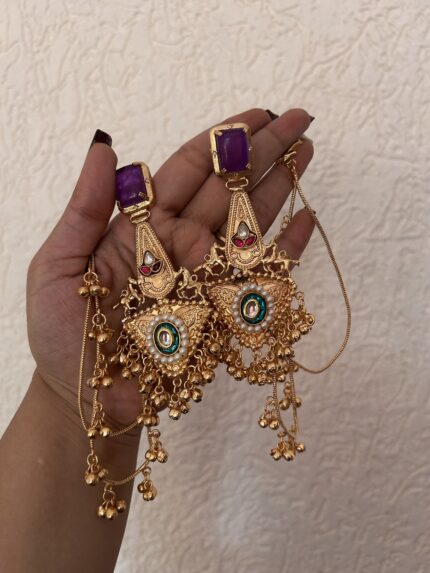 Kashmiri Earrings With Earchain - Purple