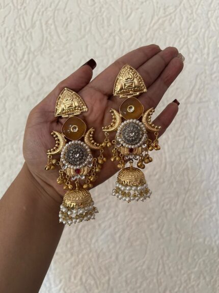 Kashmiri Earrings Dual - Yellow